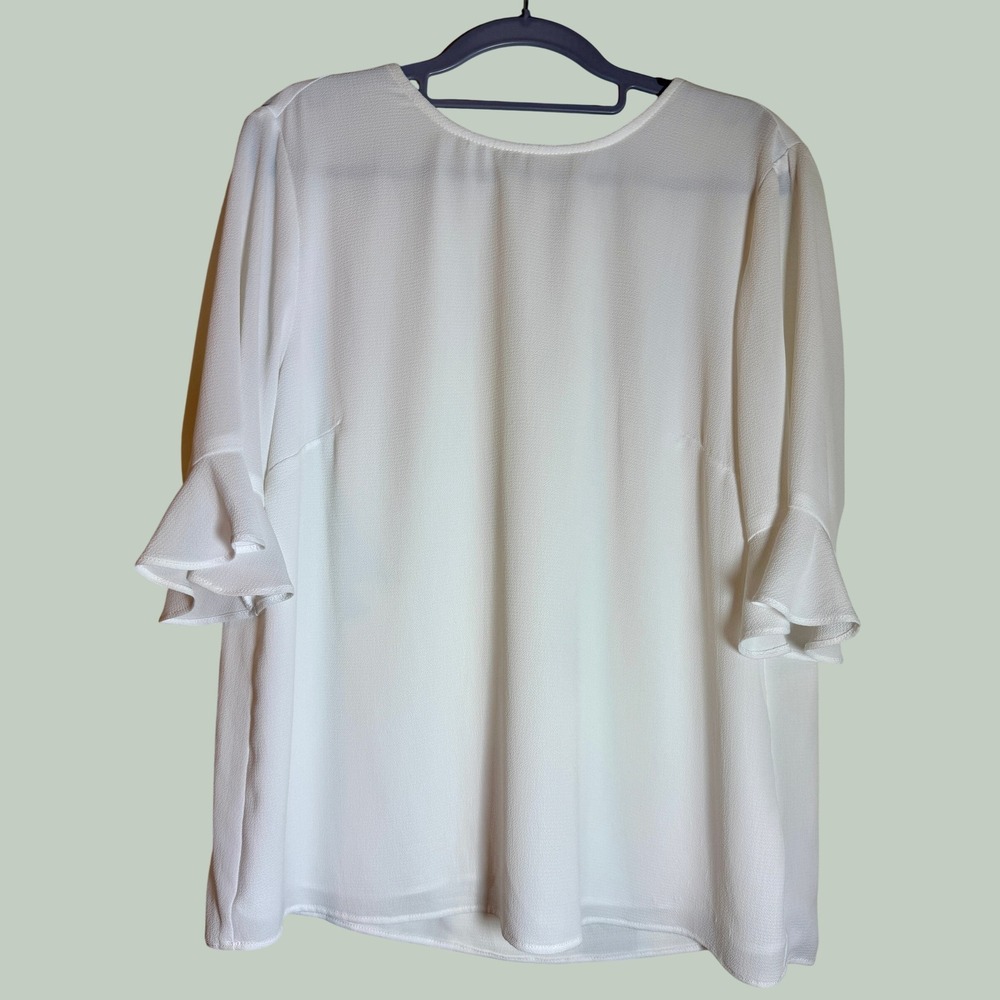 CeCe Ruffle Sleeve Blouse Ivory White Large Tiered Cuff Round Neck Top